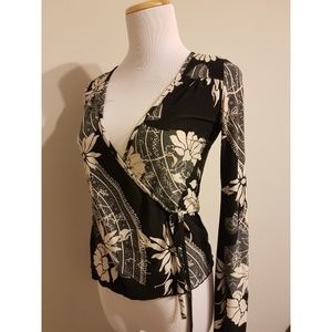 Black and white wrap blouse